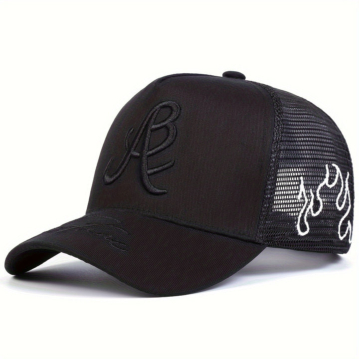 Gorra de béisbol bordada con llama lateral de malla para hombres, 100% poliéster, estilo deportivo, ligero, ajustable, con lavado a mano para al aire libre, viajes y vacaciones