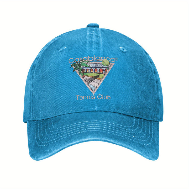 Gorra de Béisbol con Logo del Casablanca Tennis Club - Gorra Negra Lavada al Estilo Universitario Transpirable con Diseño Vibrante en Rosa y Azul, Regalo Ideal para Aficionados al Tenis, Golf o Running