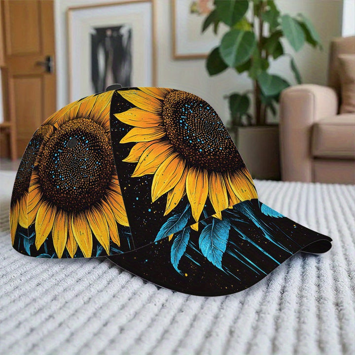 1 Gorra de Béisbol para Hombre - Estampado de Girasol en Degradé Amarillo a Azul, Correa Ajustable, Ideal para Eventos Casuales y Formales, Halloween/Navidad/Acción de Gracias, Sombrero Diario y de Fiesta, Accesorio Elegante para Vacaciones
