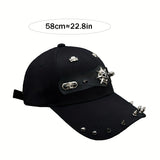 1 gorra de béisbol estilo punk con diseño de calavera y tachuelas, ajustable con cierre trasero, poliéster negro, accesorio de moda urbana para el día a día o looks festivos, sombrero casual | Estilo urbano atrevido | Ojillos metálicos