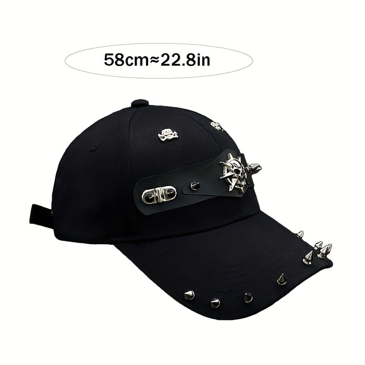 1 gorra de béisbol estilo punk con diseño de calavera y tachuelas, ajustable con cierre trasero, poliéster negro, accesorio de moda urbana para el día a día o looks festivos, sombrero casual | Estilo urbano atrevido | Ojillos metálicos