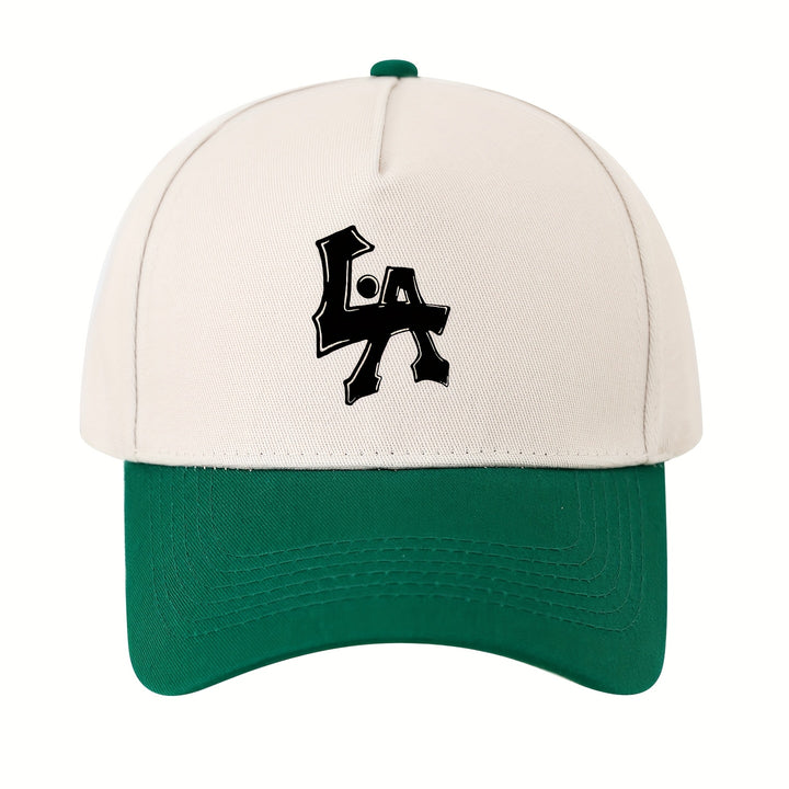 1 gorra de béisbol con estampado de letras LA - ajustable, protección solar, gorra casual para viajes, fiestas en la playa y regalos, poliéster, blanco con ribete negro, ropa de cabeza para exteriores | Gorra deportiva | Gorra ajustable