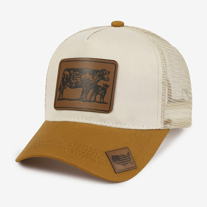 Gorra Trucker Grande de Estilo Europeo con Parches de Malla - Visera Ancha con Estampado Animal de Piel de Vaca, Ligera 50% /, Marrón Pastoral/Beige para Viajes al Aire Libre, Visitas a Granjas y Uso Casual (Ajustable)