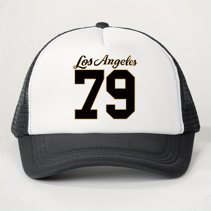 1 Gorra de Malla Estampada Los Ángeles 79 para Todas las Estaciones, Sombrero de Béisbol Unisex Transpirable Ajustable con Visera Curva para Golf y Moda Veraniega para Mujeres, Gorra de Camionero Y2K para Parejas, Gorra de Papá