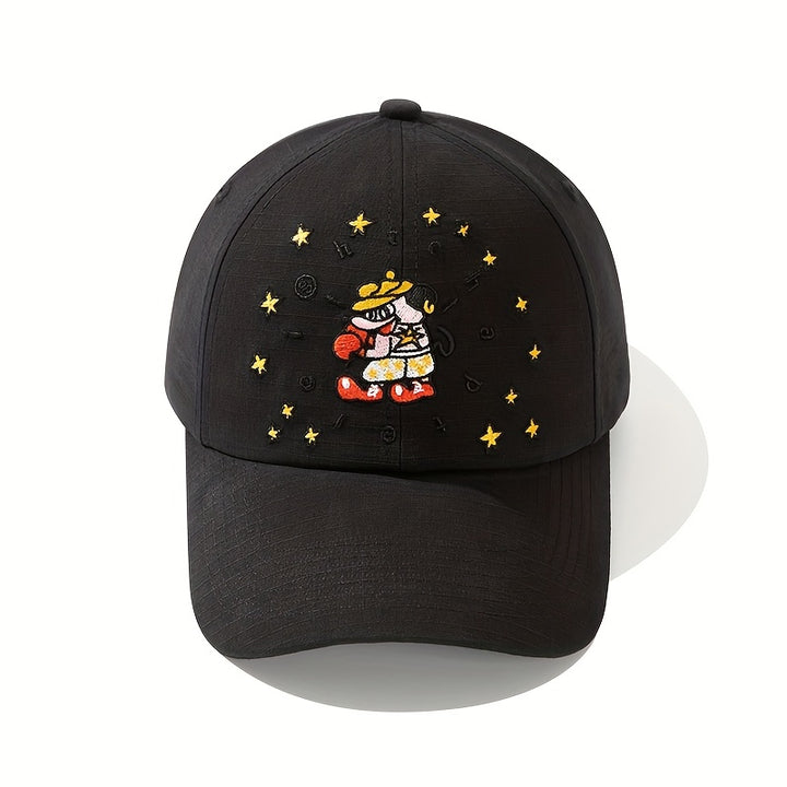 Gorra de béisbol de camuflaje negro para hombres y mujeres con personaje de caricatura bordado - Streetwear elegante, protector solar, ajustable con cierre de presión, material de poliéster, lavable a mano, equipo de cabeza para exteriores | Gorra de esta