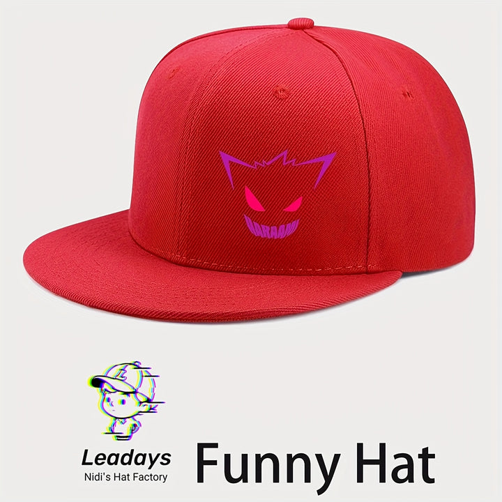 Gorra de béisbol con diseño de sonrisa diabólica de anime, ajustable con cierre trasero y visera plana, 100% poliéster transpirable, unisex, casual, para hombres y mujeres, ideal para uso en todas las estaciones, festivales y baile