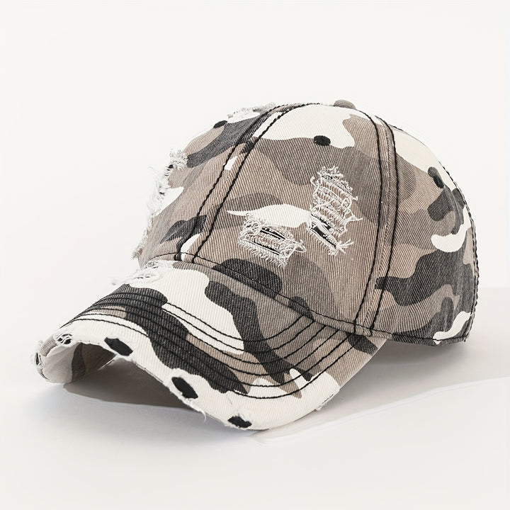 1 gorra de béisbol para hombre con estilo desgastado, camuflaje, estampado de vaca y manchas de leopardo - Gorra ligera de estilo urbano, estilo deshilachado para looks casuales, escuela, citas - Textura lavada (tejido sin elasticidad) - Ideal para la vue