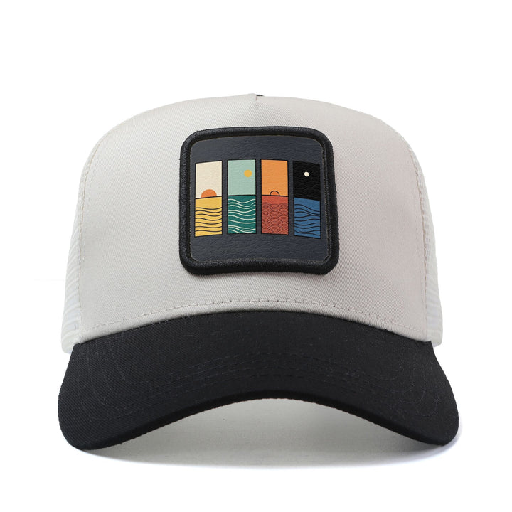 Gorra Ajustable Snapback para Hombres y Mujeres - Inspirada en Anime/Manga, Gorro de Surf con Ola Multicolor del Mar & Emblema Shaka Hand Gesture, Parte Trasera Transpirable, 6 Paneles Diseño Unisex (Blanco) Ideal Para Playa, Skate o Casual – Regalo