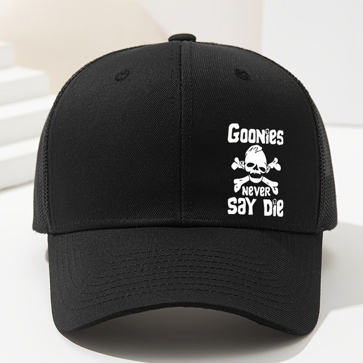 Goonies Never Say Die Gorra de Camionero con Calavera y Huesos Cruzados - Gorra Ajustable Transpirable para Hombres y Mujeres, Diseño /Blanco para Deportes al Aire Libre, Senderismo, Pesca (Primavera/Verano), Ropa Temática Fantástica, Fácil Cuidado