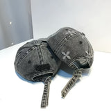 Gorra de Béisbol Bordada con Cruz y Letras para Mujer, Denim Lavado de Alta Gama con Correa Ajustable, Ideal para Streetwear y Danza