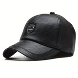 1 Gorra de béisbol de cuero sintético negro elegante para hombre con ajuste de presión - Ligera, duradera y transpirable para actividades al aire libre, viajes, fiestas en la playa y uso casual, gorra de moda de primavera | Gorra de ajuste de presión |...