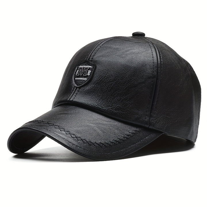 1 Gorra de béisbol de cuero sintético negro elegante para hombre con ajuste de presión - Ligera, duradera y transpirable para actividades al aire libre, viajes, fiestas en la playa y uso casual, gorra de moda de primavera | Gorra de ajuste de presión |...