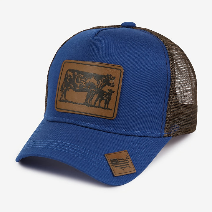 Gorra Trucker Grande de Estilo Europeo con Parches de Malla - Visera Ancha con Estampado Animal de Piel de Vaca, Ligera 50% /, Marrón Pastoral/Beige para Viajes al Aire Libre, Visitas a Granjas y Uso Casual (Ajustable)