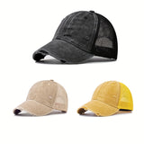 Gorra de Béisbol Transpirable para Mujer con Lavado Desgastado y Agujeros Aleatorios - Gorra Ajustable Snapback para Deportes al Aire Libre, Uso Casual - /Gris Oscuro/Beige/Amarillo, Sombrero de Malla Ventilada