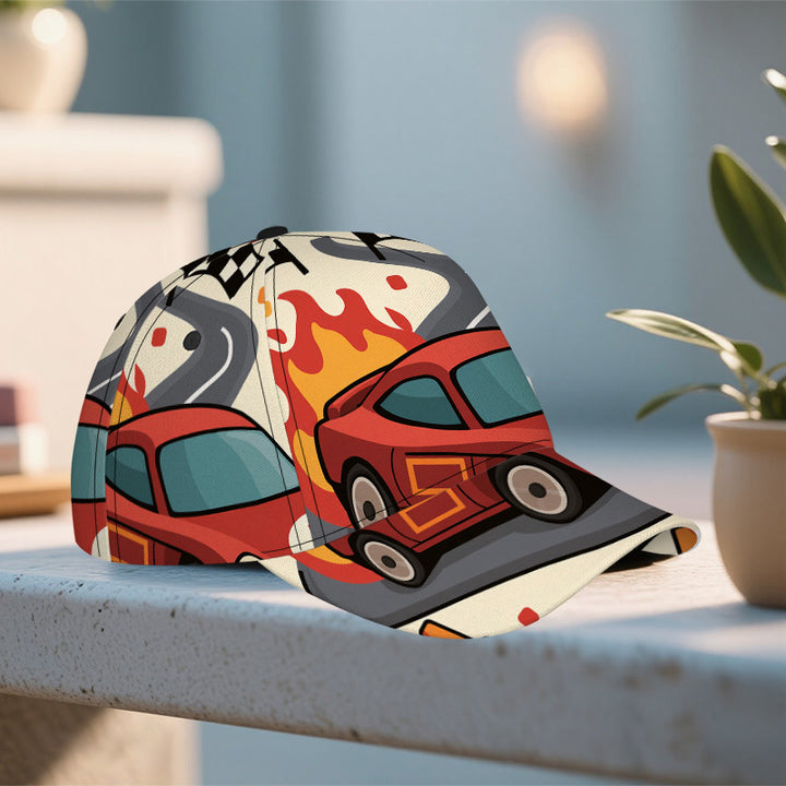 1 gorra de béisbol con estampado de coche de carreras en llamas - Gorra de poliéster con diseño vibrante de cuerpo completo, ligera y ajustable para deportes al aire libre y uso casual, accesorio ajustable para la cabeza | Gorra con estampado vibrante | G