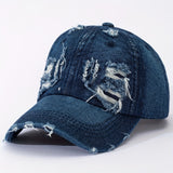 Gorra de béisbol de mezclilla desgastada y rasgada, ligera, versátil, estilo papá, ajustable, protección solar, para mujeres
