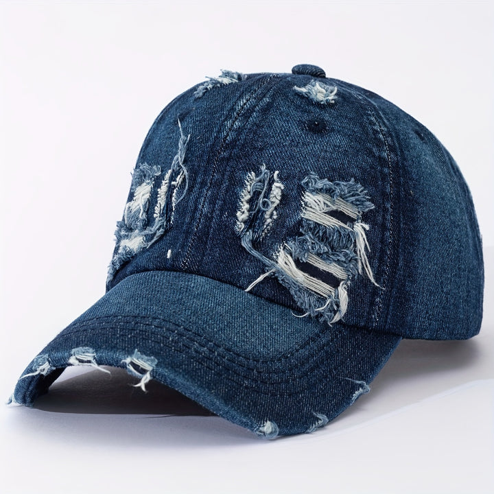 Gorra de béisbol de mezclilla desgastada y rasgada, ligera, versátil, estilo papá, ajustable, protección solar, para mujeres