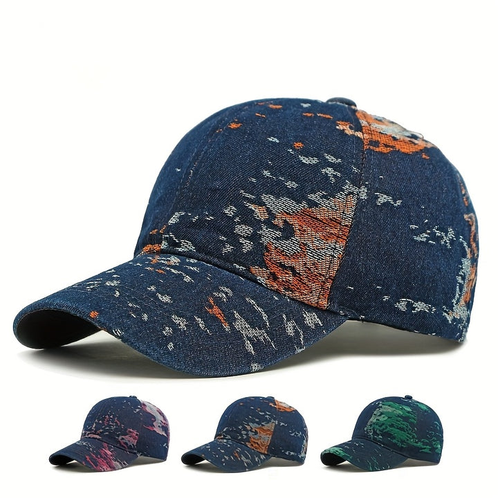 1 gorra de béisbol ajustable - Parte superior suave, tejido jacquard, absorción de humedad, ideal para viajes al aire libre, uso casual y deportes - Azul con patrón naranja y blanco, gorra de béisbol ajustable | Gorra con patrón vibrante | Diseño elegante