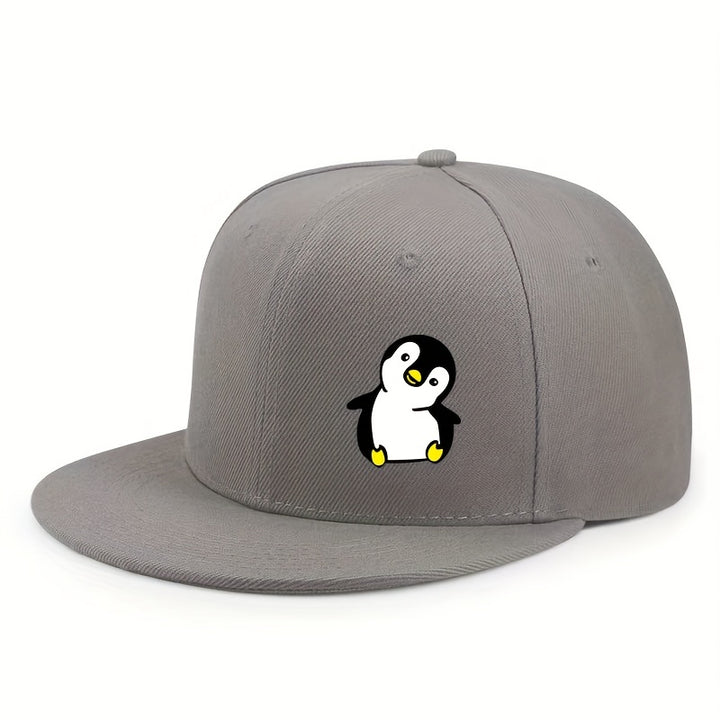 Gorra Plana Unisex de Hip-Hop con Estampado de Pingüino Urbano, Color Sólido y Ajustable para Exteriores