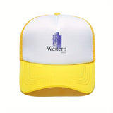 1pc Gorra de Béisbol Estilo Trucker con Logo de Música Occidental - Sombrero de Papá Transpirable en Poliéster con Panel Frontal Blanco y Visera Rosa, Gráfico de Nota Musical y Sombrero Vaquero, Ropa Casual Unisex para Hombres y Mujeres, Accesorio para Di