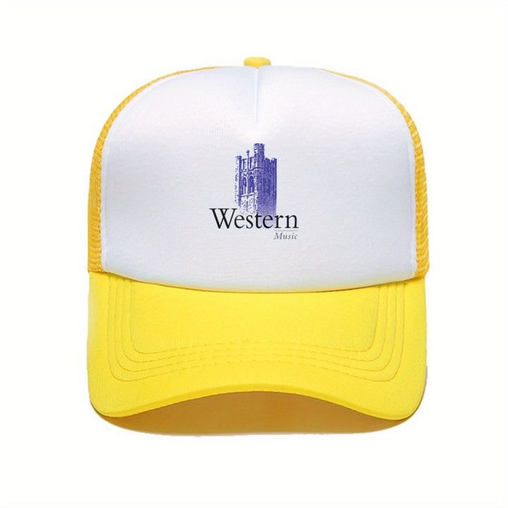 1pc Gorra de Béisbol Estilo Trucker con Logo de Música Occidental - Sombrero de Papá Transpirable en Poliéster con Panel Frontal Blanco y Visera Rosa, Gráfico de Nota Musical y Sombrero Vaquero, Ropa Casual Unisex para Hombres y Mujeres, Accesorio para Di