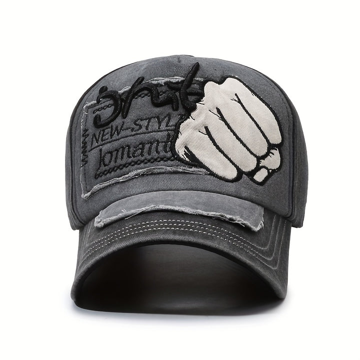 Gorra de béisbol retro lavada con gráfico de puño - Ligera, ajustable con cierre a presión, transpirable, gorra unisex de streetwear para hombres y mujeres, perfecta para exteriores, casual y celebraciones de Año Nuevo
