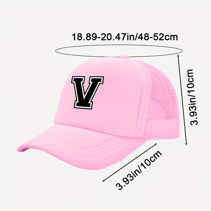 Gorra de camión con estampado de 26 letras rosa para niñas - Espalda de malla transpirable, cierre ajustable con clic, diseño de letras A-Z adecuado para regreso a clases, cumpleaños y verano | Regalo de moda, equipo casual para jóvenes | Gorra de béisbol