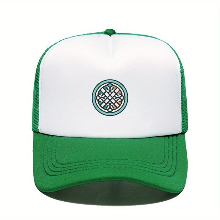 1 gorra de béisbol con nudo celta para hombres y mujeres - Gorra tipo trucker ajustable con patrón verde/blanco/rosa, trasera transpirable en malla, poliéster duradero - Unisex para festivales al aire libre, conciertos, pesca y estilo casual