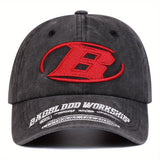 Gorra de Béisbol para Hombre - Ligera y Ajustable con Letra 'B' Roja, Visera Curva para Exteriores, Deportes y Uso Diario - Estilo Lavado Casual para Primavera/Otoño (Lavable a Mano), Accesorio de Viaje, Bordado Elegante, Fibra de Poliéster, Tela Transpir