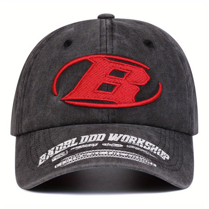 Gorra de Béisbol para Hombre - Ligera y Ajustable con Letra 'B' Roja, Visera Curva para Exteriores, Deportes y Uso Diario - Estilo Lavado Casual para Primavera/Otoño (Lavable a Mano), Accesorio de Viaje, Bordado Elegante, Fibra de Poliéster, Tela Transpir