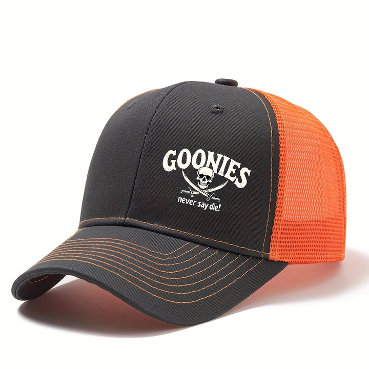 Tela. Un elegante gorro de béisbol de GOONIES estampado para hombres y mujeres, un sombrero de ala curva de malla transpirable para actividades de verano al aire libre, un gorro estilo camionero, adecuado para eventos al aire libre, vacaciones, camping y
