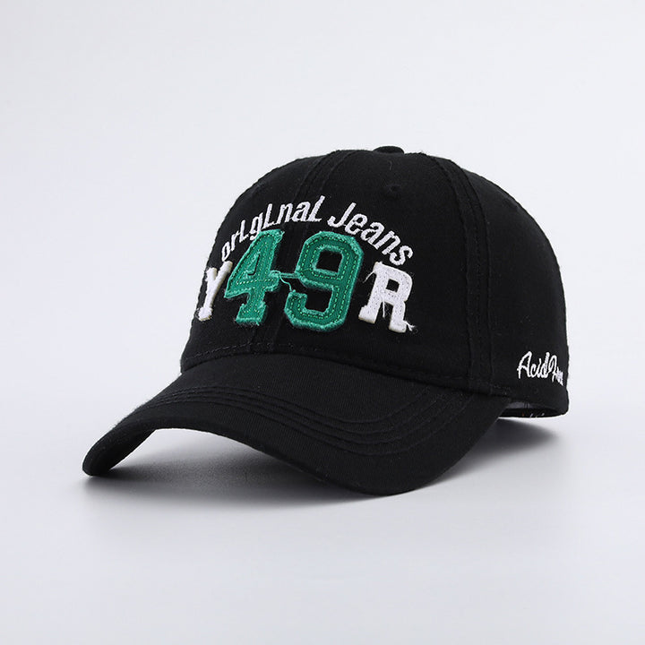 Gorra de Béisbol Retro Americana Vintage con Bordado 3D de Letras '49R' y Jeans, Ajustable con Snapback, Sombrero Azul Marino para Looks Casuales y Navideños