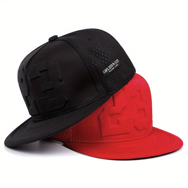 Gorra de béisbol snapback negra y roja con diseño en relieve de 58.42 cm, poliéster suave, parte trasera de malla transpirable, ajuste adaptable para deportes y uso casual, accesorio de moda, gorra duradera