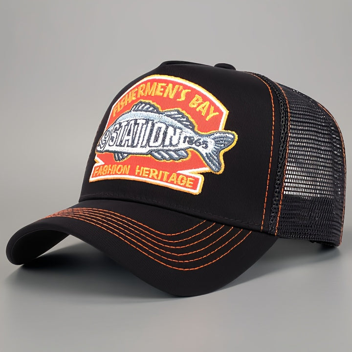 Gorra de Béisbol Ajustable Estilo Trucker para Hombres y Mujeres con Adorno de Pez, Parte Trasera de Malla Transpirable - Ideal para Pesca, Exteriores, Uso Casual - Unisex para Todas las Estaciones (Lavable a Mano)