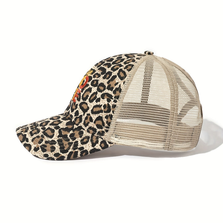 1 gorra de béisbol con protección solar, diseño de leopardo y bordado ONE LOVE, ajustable, 100% poliéster, lavado a mano o en seco, ideal para actividades al aire libre y vacaciones