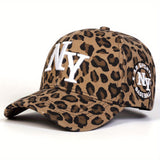 Gorra de béisbol para mujer con estampado de leopardo NY, ajustable con cierre de broche, ala ancha para protección solar, ideal para viajes al aire libre, fiestas en la playa y uso casual, accesorio para fiestas playeras | Gorra deportiva | Gorra teji...