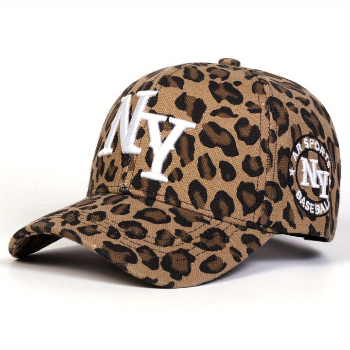 Gorra de béisbol para mujer con estampado de leopardo NY, ajustable con cierre de broche, ala ancha para protección solar, ideal para viajes al aire libre, fiestas en la playa y uso casual, accesorio para fiestas playeras | Gorra deportiva | Gorra teji...