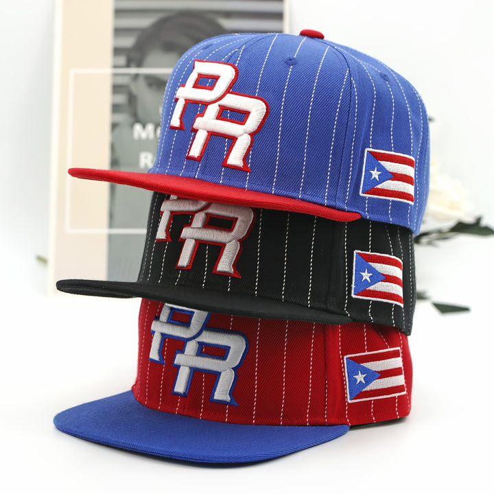 Gorra de béisbol unisex ligera con la bandera de Puerto Rico y bordado - Diseño vibrante de molino de viento, ajustable con cierre, cómodo para todas las estaciones, 56-60 pulgadas, negro con rayas rojas y blancas y parche de la bandera de Puerto Rico,...