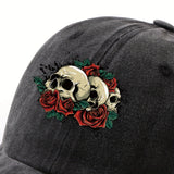 1 Gorra de béisbol impresa con un solo auricular, lavada a mano, ajustable, ligera, no elástica, con tema de vacaciones, diseño de rosa y calavera, para hombres, mujeres, ciclismo urbano al aire libre, todas las estaciones.