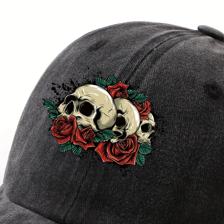 1 Gorra de béisbol impresa con un solo auricular, lavada a mano, ajustable, ligera, no elástica, con tema de vacaciones, diseño de rosa y calavera, para hombres, mujeres, ciclismo urbano al aire libre, todas las estaciones.