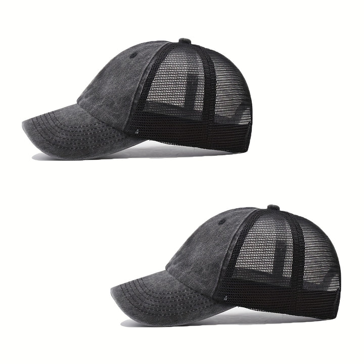 Tela. 2 piezas Extra Grandes XXL Gorras de Béisbol de Malla Negra para Hombre y Mujer - Gorras de Camionero Ligeras y Transpirables con Cierre Ajustable Snapback, Diseño Negro Lavado, Estilo Casual, Malla. Tela.