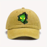 1pc Gorra de Béisbol con Temática Alienígena ATHACER - Retro Lavado Negro, Sombrero de Sol Desgastado con Gráfico de Alien Verde, Ajuste Ajustable, Poliéster Ligero, Ideal para Halloween y Moda al Aire Libre para Hombres y Mujeres, Accesorio para la Cabez
