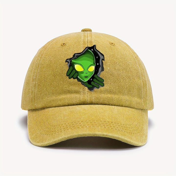 1pc Gorra de Béisbol con Temática Alienígena ATHACER - Retro Lavado Negro, Sombrero de Sol Desgastado con Gráfico de Alien Verde, Ajuste Ajustable, Poliéster Ligero, Ideal para Halloween y Moda al Aire Libre para Hombres y Mujeres, Accesorio para la Cabez