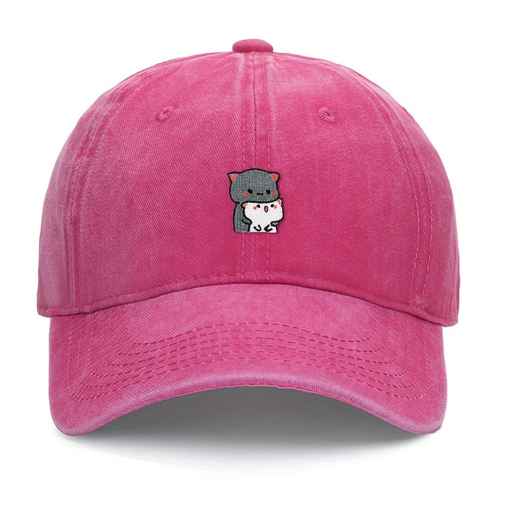 1 pieza de gorra de béisbol bordada con dibujos animados de gatitos grises y blancos, ajustable, ligera, transpirable, para todas las estaciones, poliéster, 100g/m², con instrucciones de cuidado de lavado a mano.