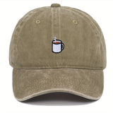 Gorra de béisbol ajustable de tela con bordado de café - Ligera, transpirable, cierre de botón, estilo urbano para hombres y mujeres
