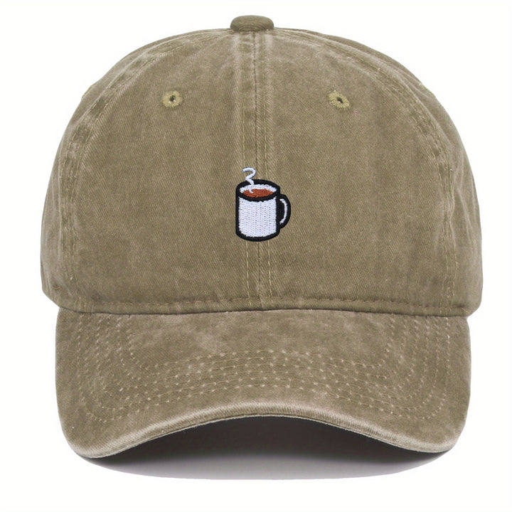 Gorra de béisbol ajustable de tela con bordado de café - Ligera, transpirable, cierre de botón, estilo urbano para hombres y mujeres