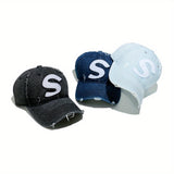 Gorra de Béisbol de Denim Lavado de Alta Calidad para Mujeres con Diseño Desgastado, Letra Grande S a la Moda, Gorro Duckbill Versátil y Casual para Hombres