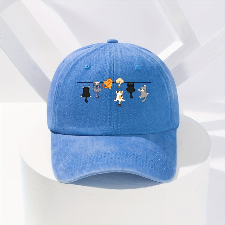 Tela. Adorable gorra de béisbol con temática felina, perfecta para la moda urbana, con un diseño divertido y vibrante adecuado para cualquier temporada.