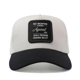 Gorra de Béisbol Cristiana para Hombres y Mujeres con Diseño del Versículo bíblico - Gorra Trucker Ajustable Snapback, Parte Trasera Transpirable en Red & Construcción de 6 Paneles, Ligero, Blanco/ con Escrituras Isaías 41:7 e Mateo 28:6, Sombrería Casual