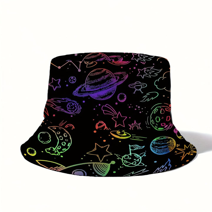 Gorra de cubeta unisex de estilo funky de paquete único, tejido de poliéster 100% no elástico, con estampado de galaxia, lavable a mano